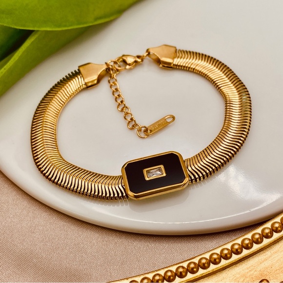 NWT Luzy Jewelry Mega Herringbone Bracelet Black Onyx & CZ 18K Gold - Picture 7 of 10